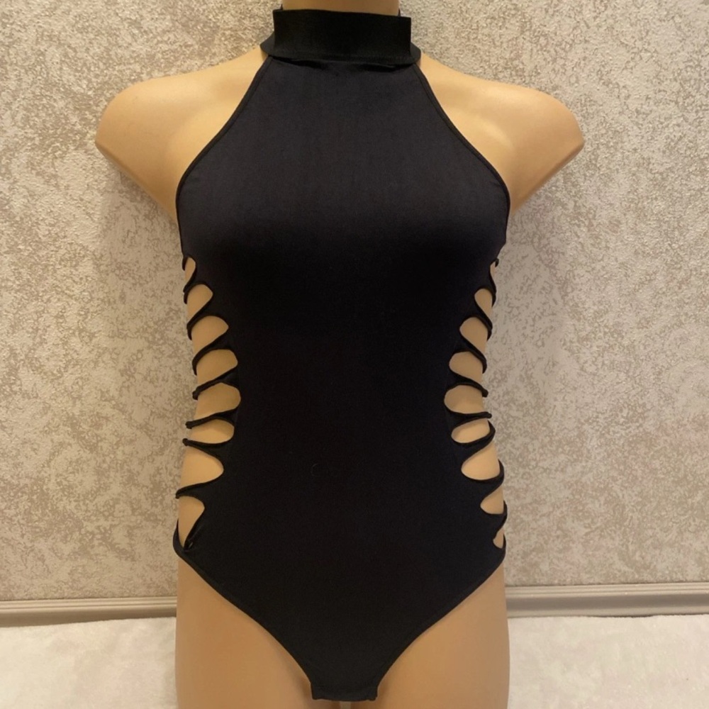 Elegant Black Halter Bodysuit with Cutout Design